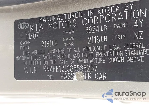 2008 Kia Spectra Ex z USA, uszkodzony, nr VIN KNAFE121385538257